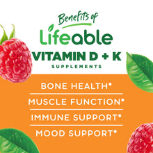 Load image into Gallery viewer, Lifeable - Lifeable Vitamin D3 + K2 Gummies, Bone Health, Great Taste!: Natural Strawberry Flavor / 60 Count
