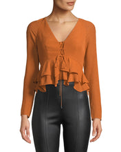 Load image into Gallery viewer, Alexis Reagan Long-Sleeve Lace-Up Tiered Peplum Top, Orange, Small
