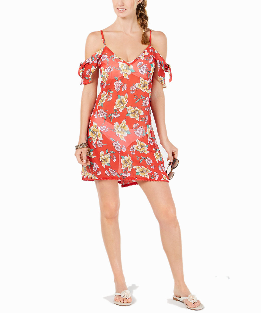 Miken Juniors' Printed Cold-Shoulder Cover-Up, Poppy Red Citrus, L