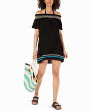 Load image into Gallery viewer, Miken Juniors Embroidered Off-The-Shoulder Swimsuit Coverup, Black, XS
