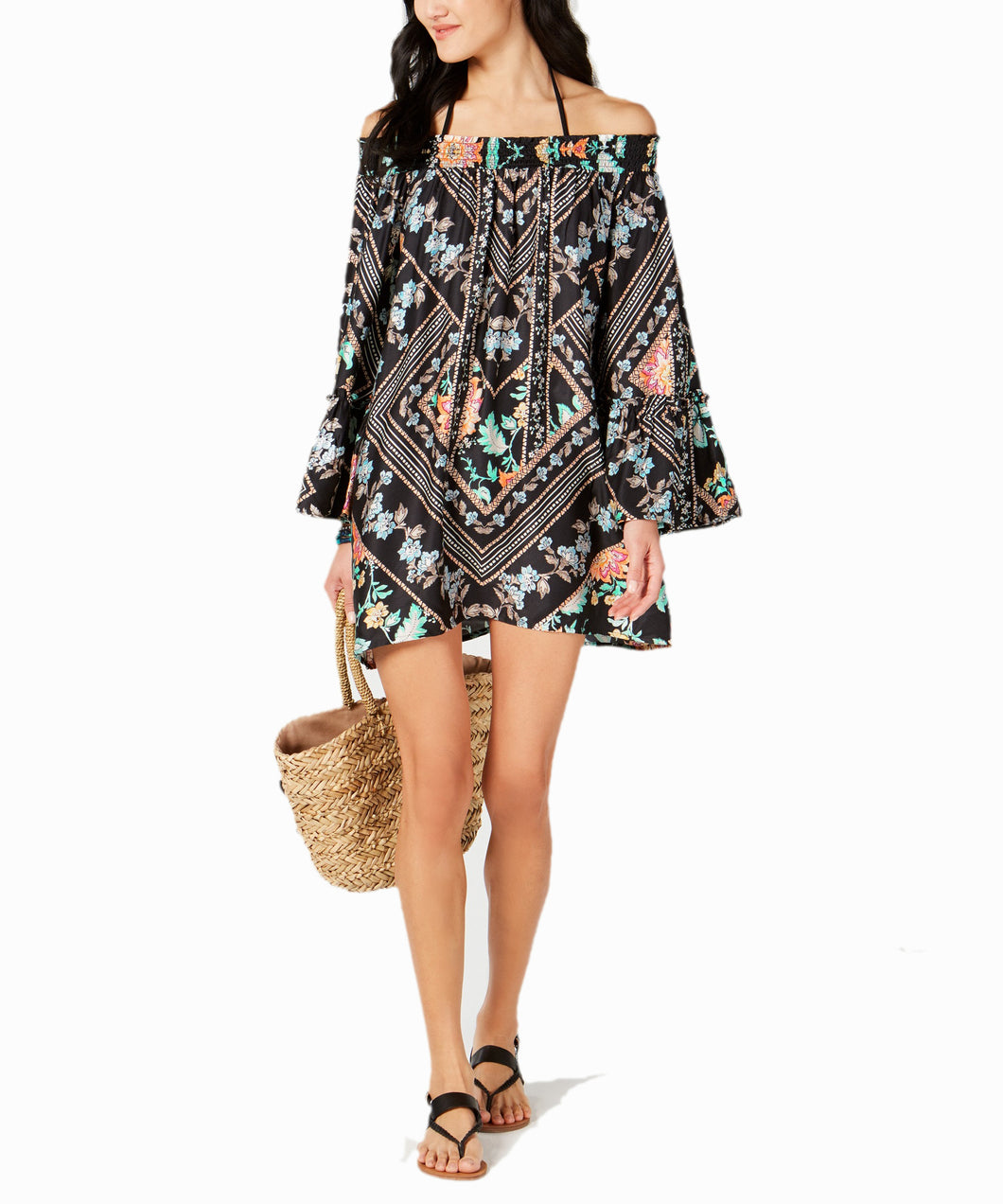 Nanette Lepore Women's Bell-Sleeves Printed Off-The-Shoulder Cover-Up, S
