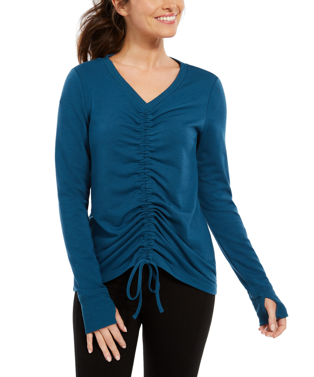 Ideology Women's V-Neck Ruched-Front Top, Aquatic Teal, XS