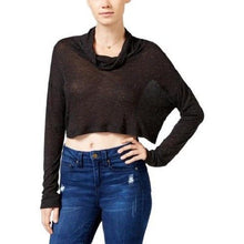 Load image into Gallery viewer, Chelsea Sky Women's Cowl Neck Metallic Long Sleeves Crop Top, Black, L
