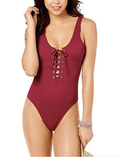 Load image into Gallery viewer, California Waves Junior's Ribbed Lace-Up One-Piece Swimsuit Wine, M
