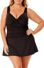Load image into Gallery viewer, Anne Cole Plus Women&#39;s V-Neck Ruched Underwire Swimdress, Black, 20W
