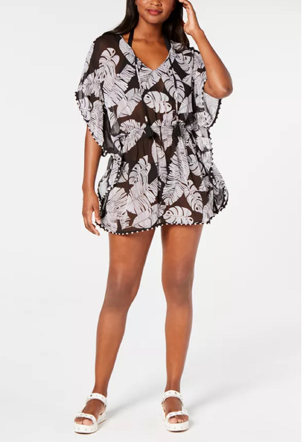 Miken Women's V-Neck Printed Smocked-Waist Cover-Up, Black, S