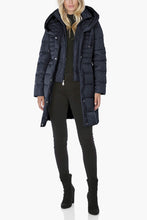 Load image into Gallery viewer, T Tahari Women's Hooded Down Puffer Coat, Navy Galaxy, XS
