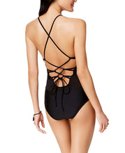 Load image into Gallery viewer, Hula Honey Junior's Mesh Insert Laced Back One Piece Maillot Swimsuit, Black, M
