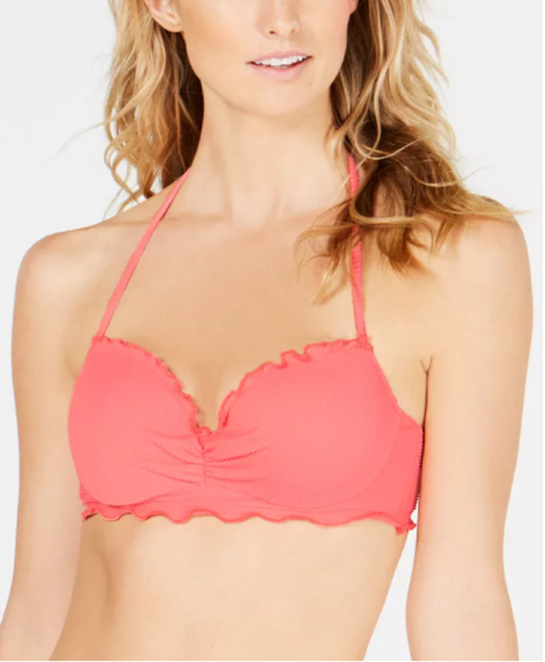 SUNDAZED Women's Ava Ruffle-Edge Bikini Top, Coral Oasis, 34B