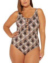 Load image into Gallery viewer, Bleu by Rod Plus Women&#39;s V-Neck Printed Strappy One-Piece,Brown,20W
