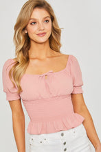 Load image into Gallery viewer, Belloago Women&#39;s Woven Solid Puff Sleeve Smocked Crop Top
