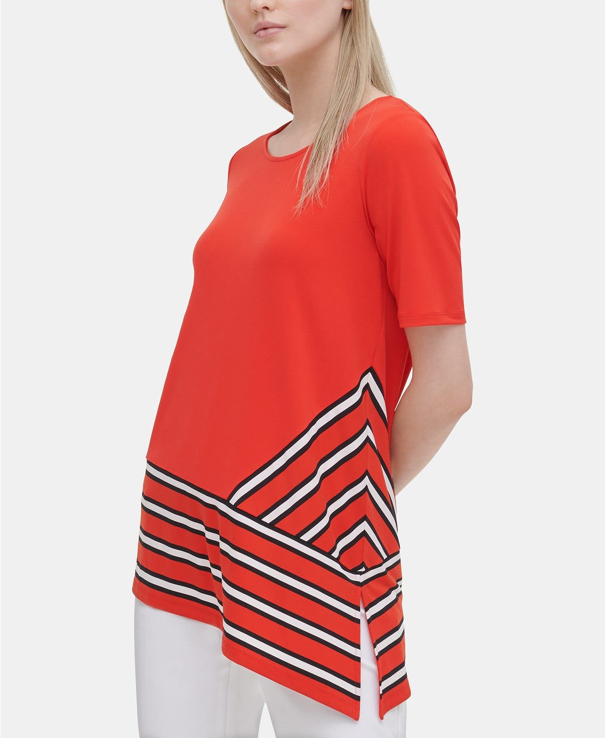 Calvin Klein Women's Placed-Print Asymmetric Jersey Top, Tango Red, XS ...