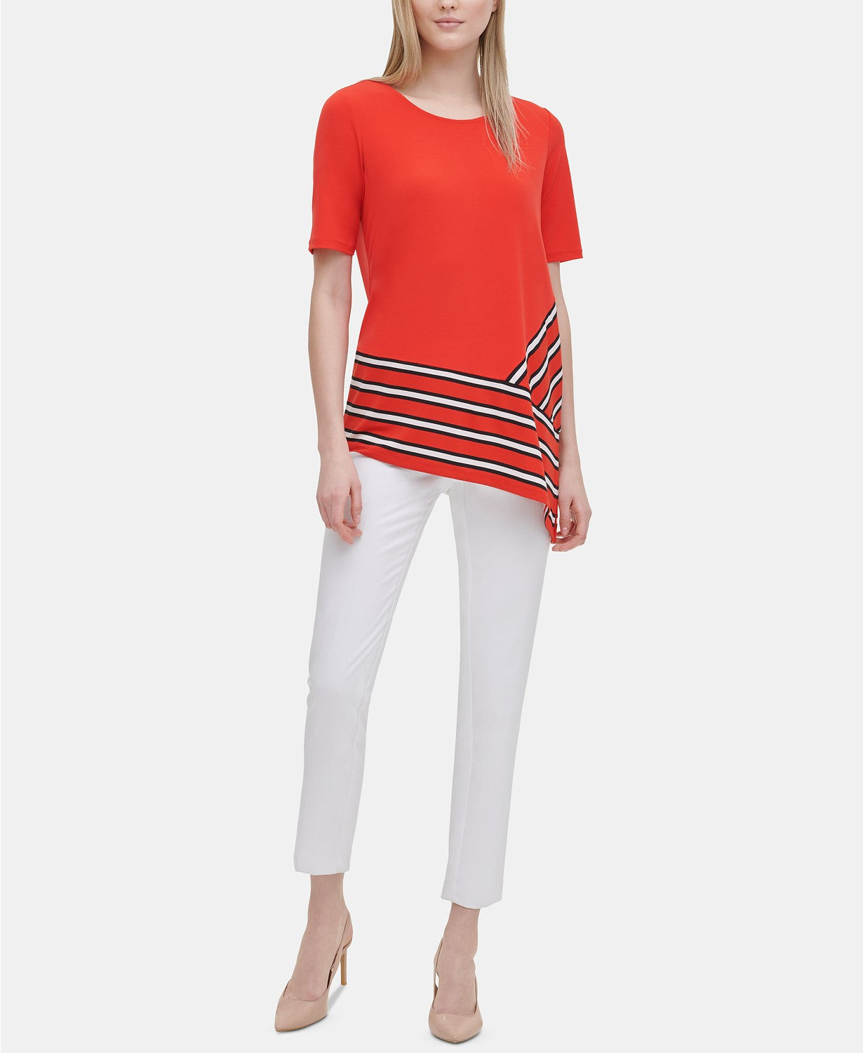 Calvin Klein Women's Placed-Print Asymmetric Jersey Top, Tango Red, XS ...