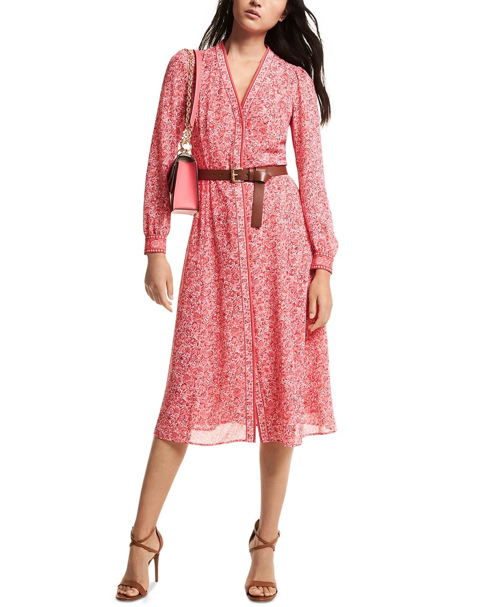 Michael Kors Women's V-Neck Printed Shirt Dress, Ross Pink, XS