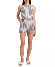 Load image into Gallery viewer, BCBGeneration Women&#39;s Woven Striped Halter Romper, Gray Stripes, Small
