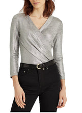 Load image into Gallery viewer, Lauren Ralph Lauren Women's Metallic Wrap-Style Jersey Top, Silver, M

