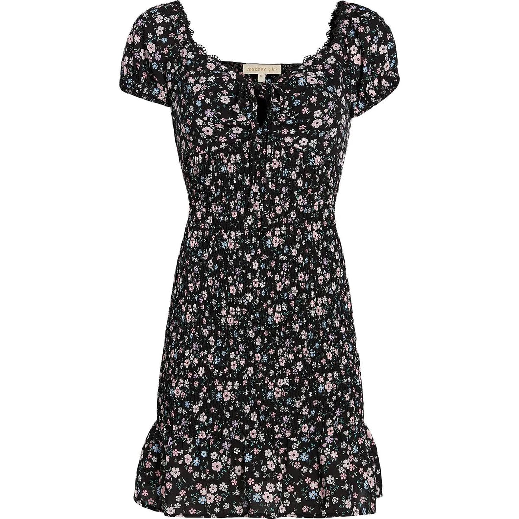 Madden Girl Women's Smocked Floral Print Short Sleeve Ruffled Mini Dress