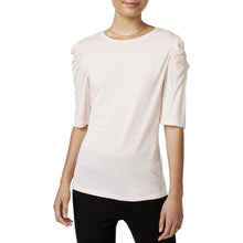 Load image into Gallery viewer, Bar III Women&#39;s Crew-Neck Ruched-Shoulder Top, Pink Cloud, M
