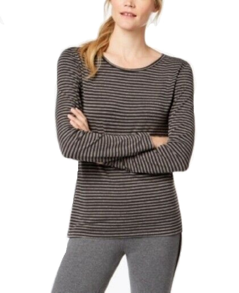 Ideology Women's Cutout-Back Long-Sleeve Knit T-Shirt, Grey Stripe, XL