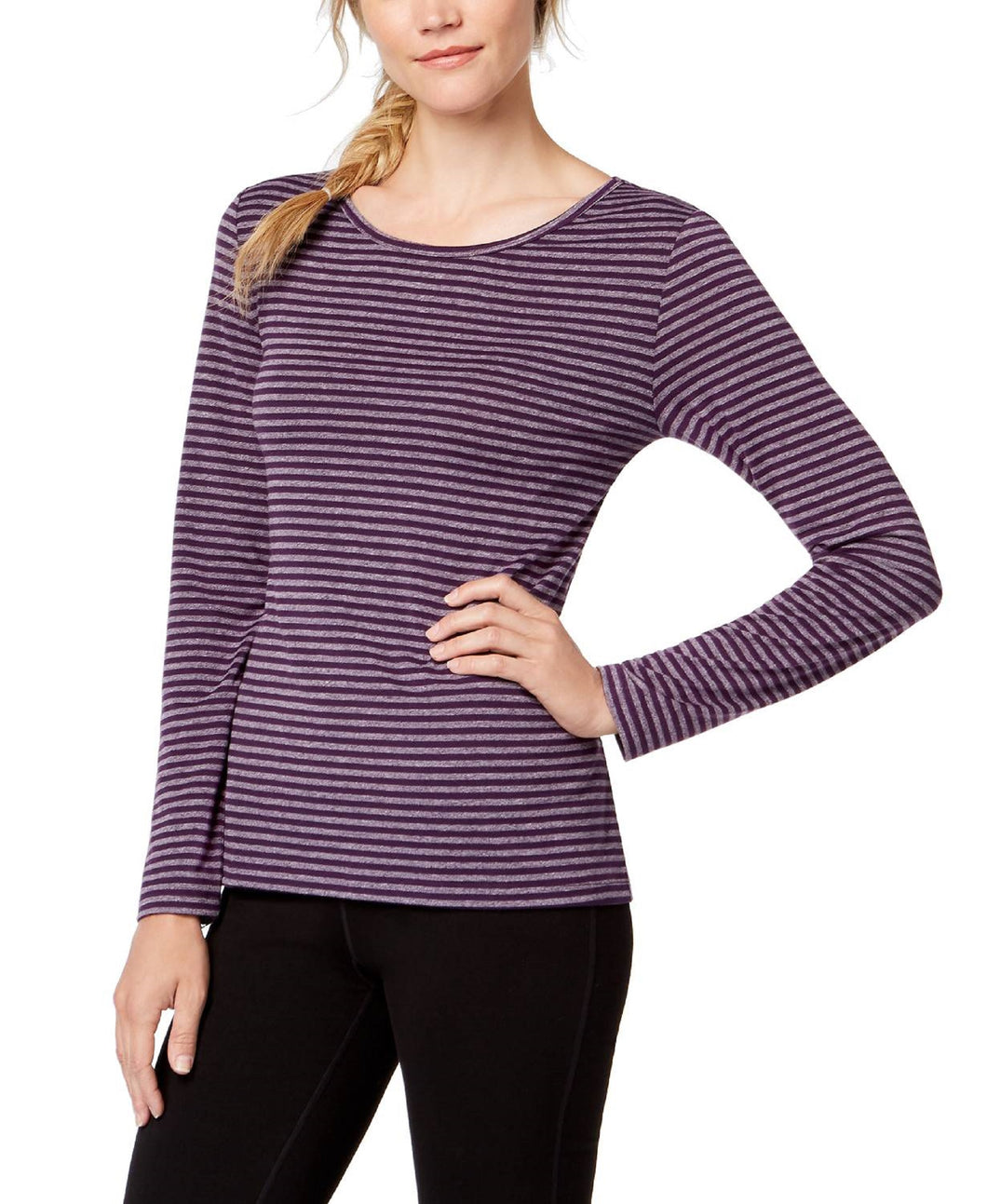 Ideology Plus Women's Long sleeve Knit T-Shirt, Eggplant Stripe, XXL