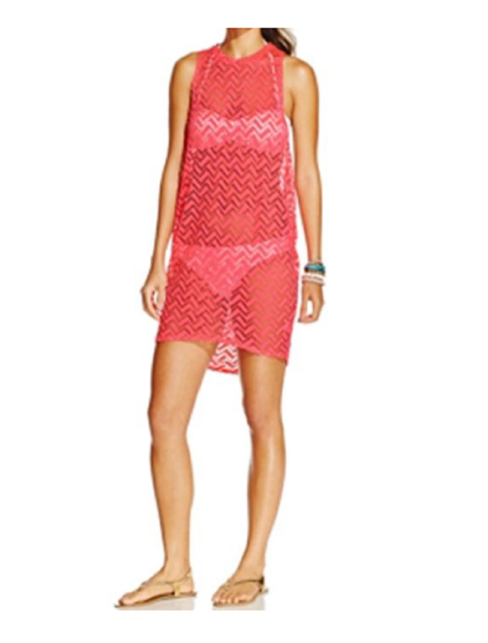Miken Women's High-Neck Crochet Tunic Cover-Up, Neon Coral, XL