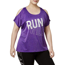 Load image into Gallery viewer, Material Girl Plus Women's Metallic Slogan Cold Shoulder, Purple, 1X
