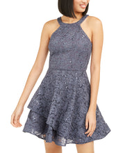 Load image into Gallery viewer, BCX Juniors&#39; Glitter-Lace Halter Short Fit Party Dress, Gunmetal, 3/S
