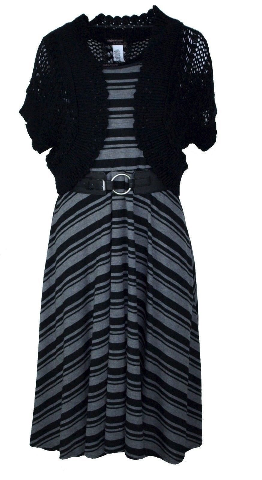 Signature by Robbie Bee Women's Belted Striped Asymmetrical Hem 2PC Dress, Black, PS