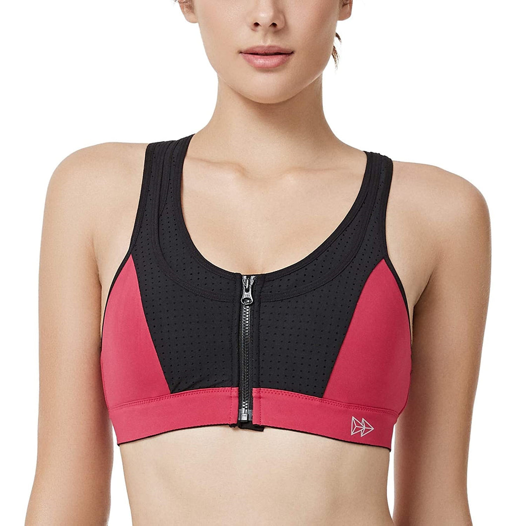 Yvette Women's High Impact Upgraded Zipper Front Sports Bra, Pink, 32B