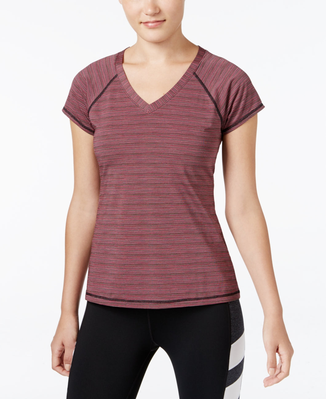 Ideology Women's Var Striped V-Neck Active Top, Pink Combo, XS