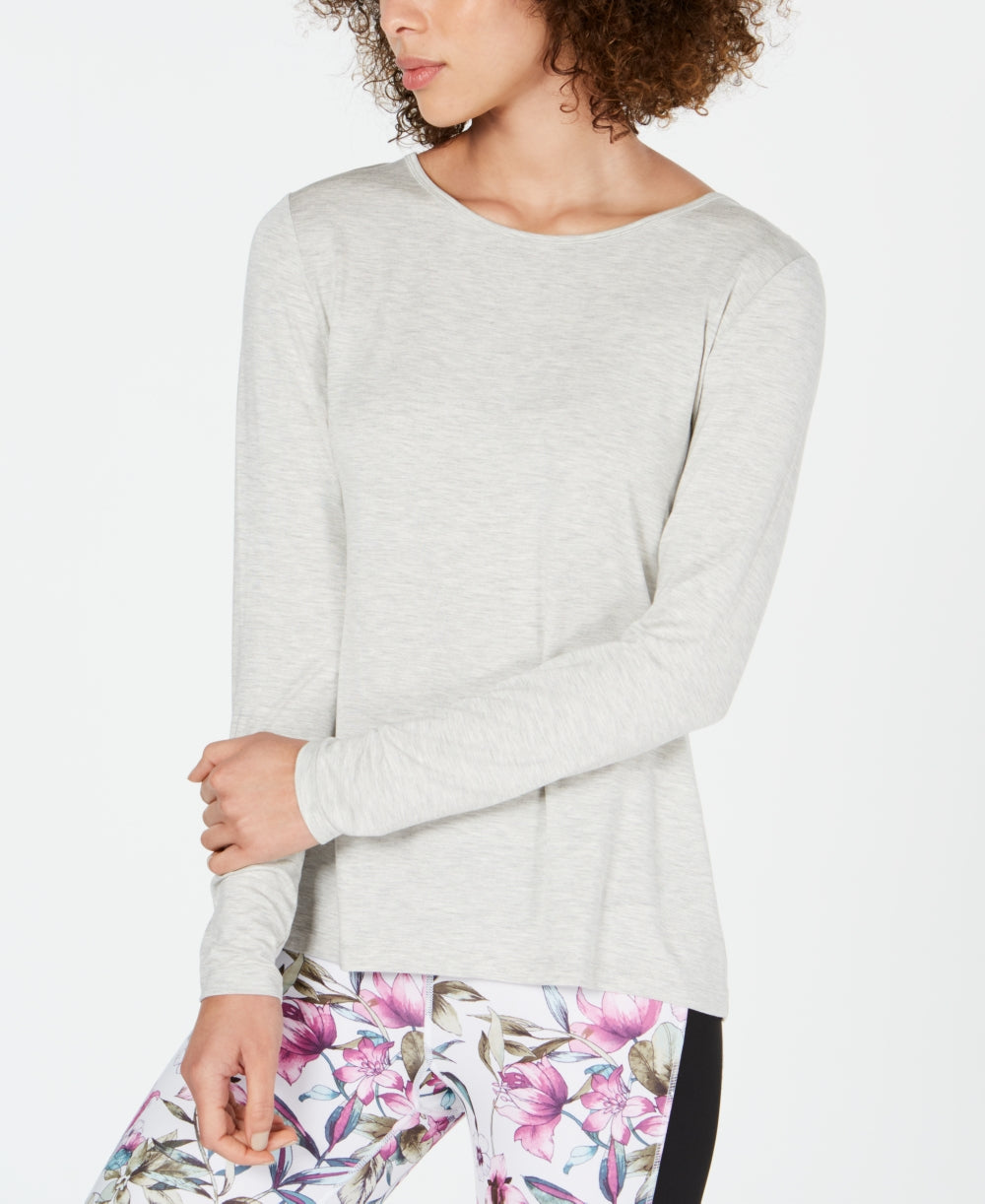 Ideology Women's Long Sleeves Keyhole-Back Athletic Top, Grey, Large