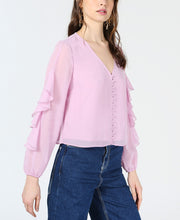 Load image into Gallery viewer, Bar III Women&#39;s V-Neck Ruffle-Sleeve Button-Up Top, Purple, M
