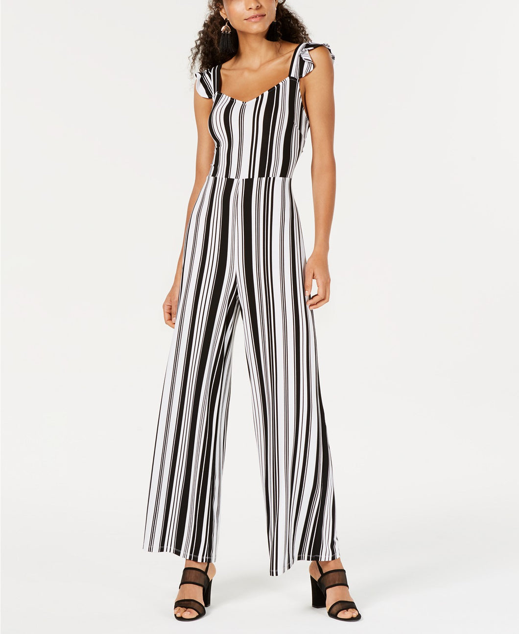 Bar III Women's Ruffled Striped Cutout Stretch Jumpsuit,  Black, XXS