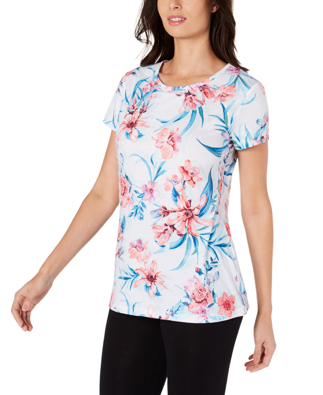 Ideology Women's Printed Keyhole-Back Soft Athletic Shirt, White, XS