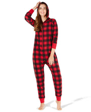Load image into Gallery viewer, Family PJs Women's Buffalo-Check Hooded Cozy Fleece Pajamas, Red/Black, M
