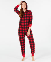 Load image into Gallery viewer, Family PJs Women's Buffalo-Check Hooded Cozy Fleece Pajamas, Red/Black, M
