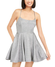 Load image into Gallery viewer, Speechless Juniors&#39; Shimmer Square Neck Lace-Back Dress, Silver, 13/L
