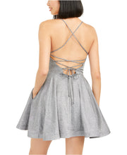 Load image into Gallery viewer, Speechless Juniors&#39; Shimmer Square Neck Lace-Back Dress, Silver, 13/L

