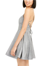Load image into Gallery viewer, Speechless Juniors&#39; Shimmer Square Neck Lace-Back Dress, Silver, 13/L

