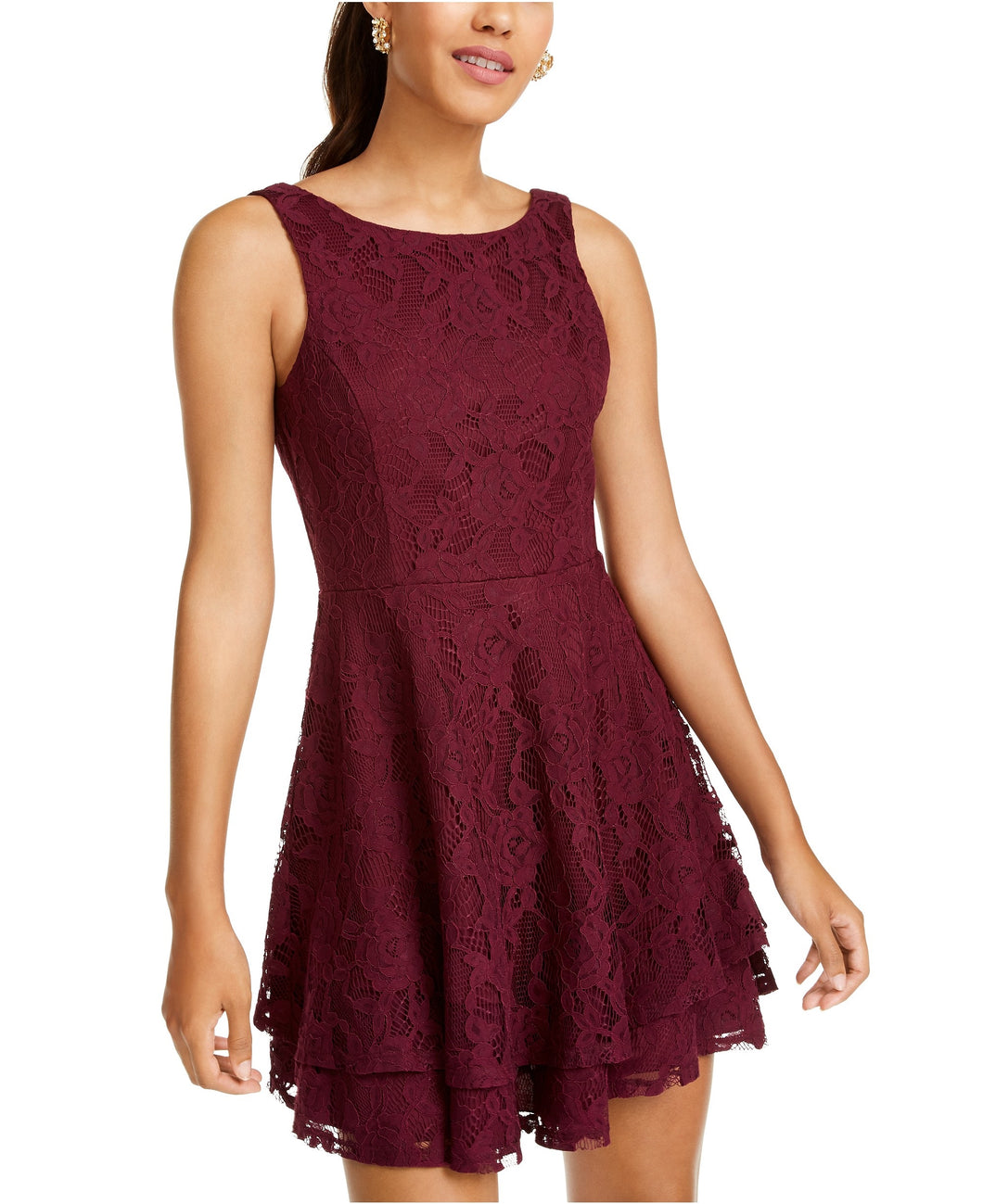 Speechless Juniors' Lace Double-Skirt Fit & Flare Dress, Raisin, 9/M