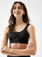 Load image into Gallery viewer, GUESS Women&#39;s Lace-Up Active Sports Bra, Jet Black, M
