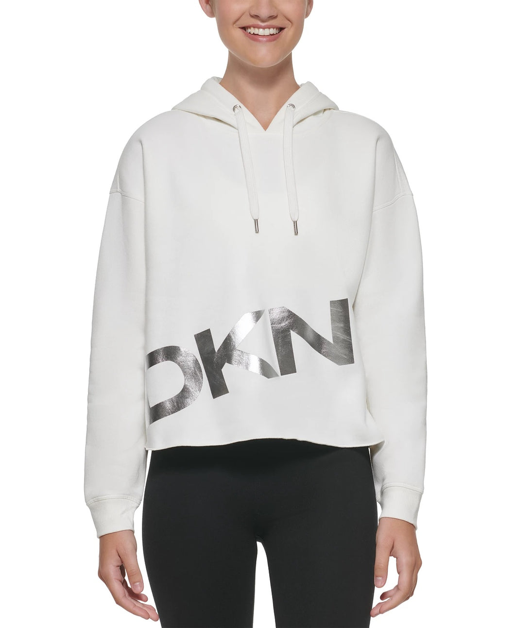 DKNY Sport Women's Metallic-Graphic Pullover Hoodie, Snow/silver, M