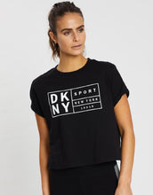 Load image into Gallery viewer, DKNY Women&#39;s Sport Boxy Tee Oversized Label Cropped T-Shirt, Black, S
