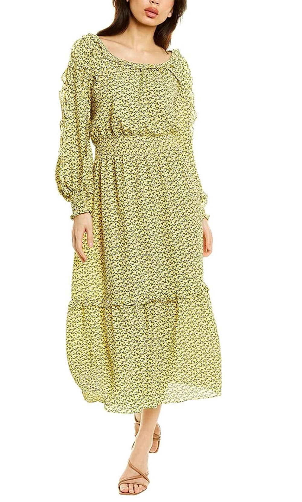 Max Studio Women's Crepe Midi Dress, Cream/Yellow Buds, S