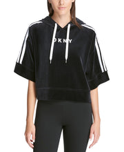 Load image into Gallery viewer, DKNY Women&#39;s Sport Logo Bell-Sleeve Velour Cropped Hoodie, Black, S
