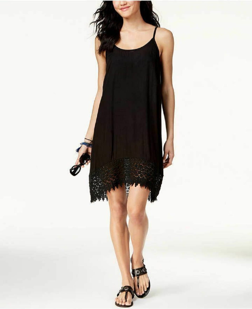 Raviya Women's Scoop Neck Crochet-Trim Dress Swim Cover-Up (L, Black)