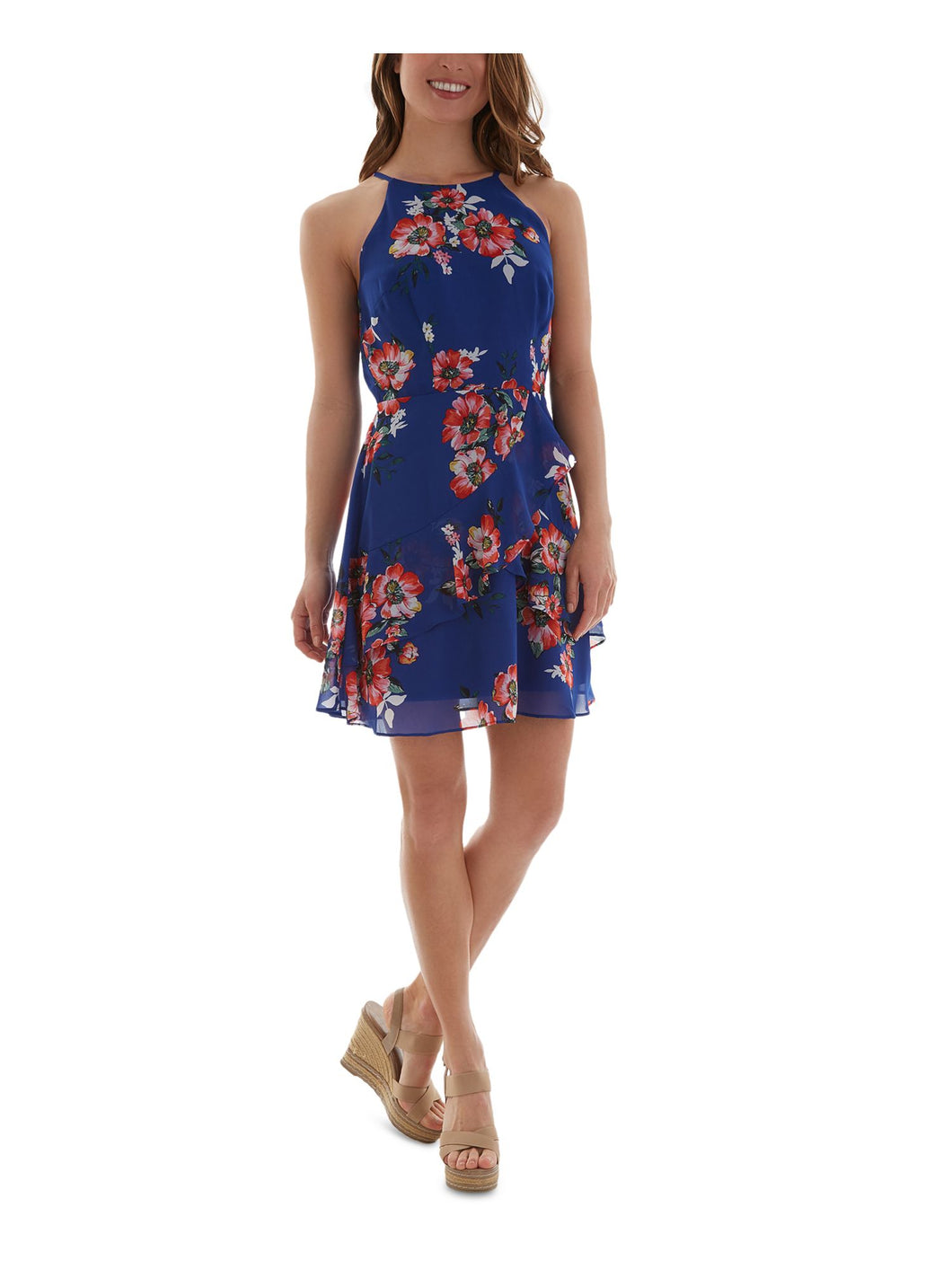 Bcx Dress Women's Floral Sleeveless Halter Mini Fit + Flare Dress, Juniors L, Blue