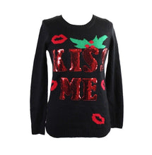 Load image into Gallery viewer, Planet Gold Juniors' Kiss Me Holiday Acrylic Sweater, Black, XS
