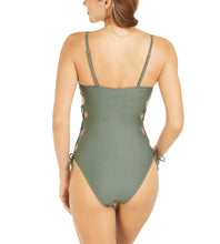 Load image into Gallery viewer, Hula Honey Juniors' Ribbed Side-Lace One-Piece Swimsuit, Olive, S
