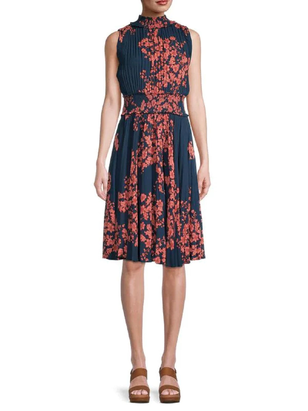 NANETTE LEPORE Women's Pleated Midi Dress, Navy with Coral Print, Size 2
